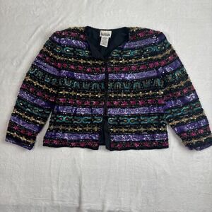 Nina Piccalino Multi Beaded Sequin Heavy Silk Hook & Eye Blazer Jacket Womens 14